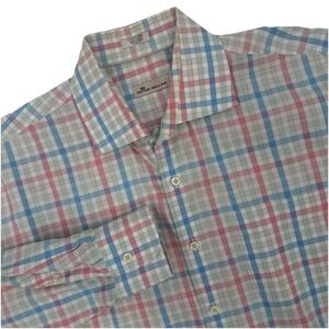 Peter‎ Millar Long Sleeve Button Up Shirt White Pink Blue Plaid Mens Size XL